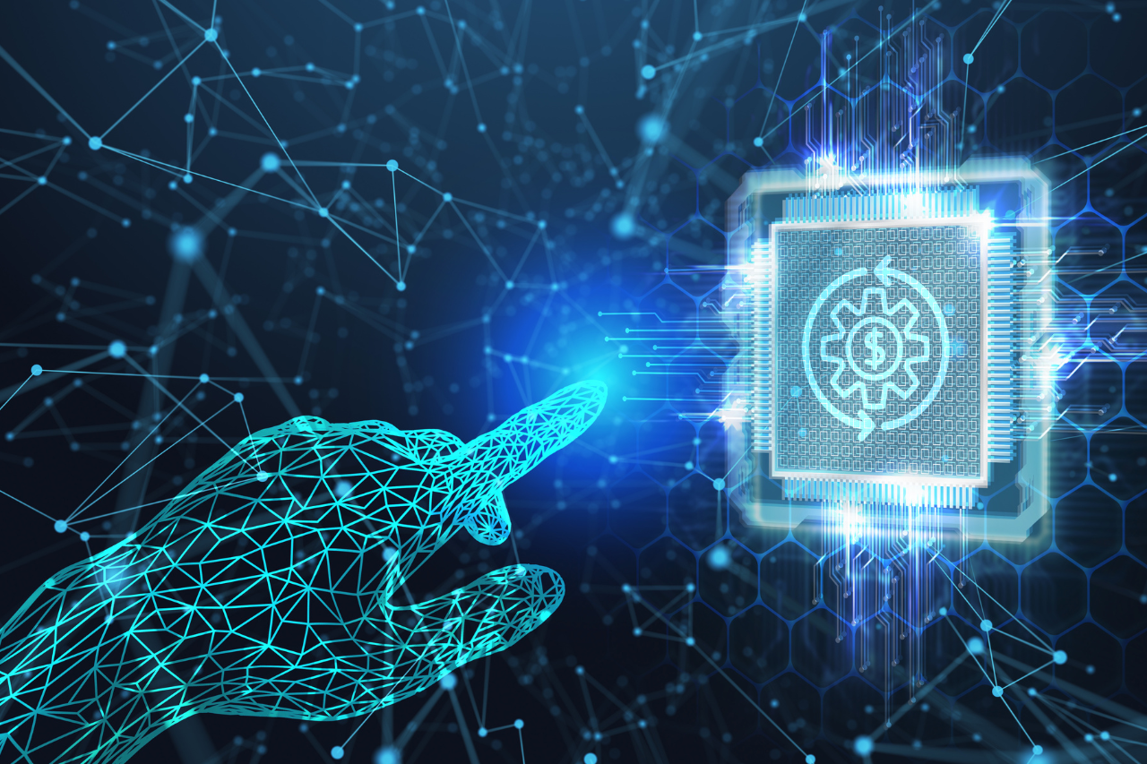 Hand pointing at a CPU icon with a dollar sign and gear symbol, representing custom AI software development.