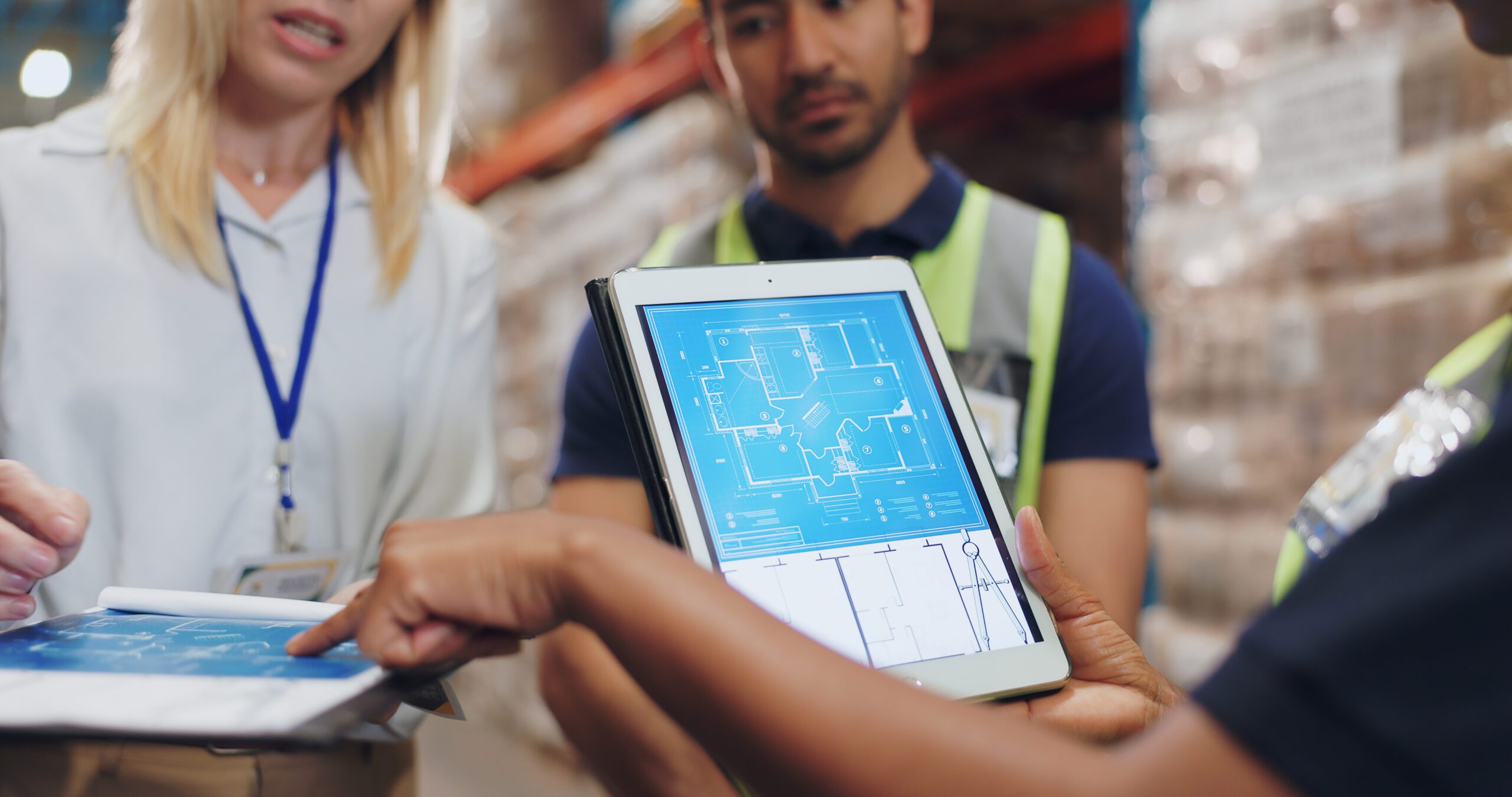 People, architect and tablet for blueprint in logistics warehouse for building, design or expansion.