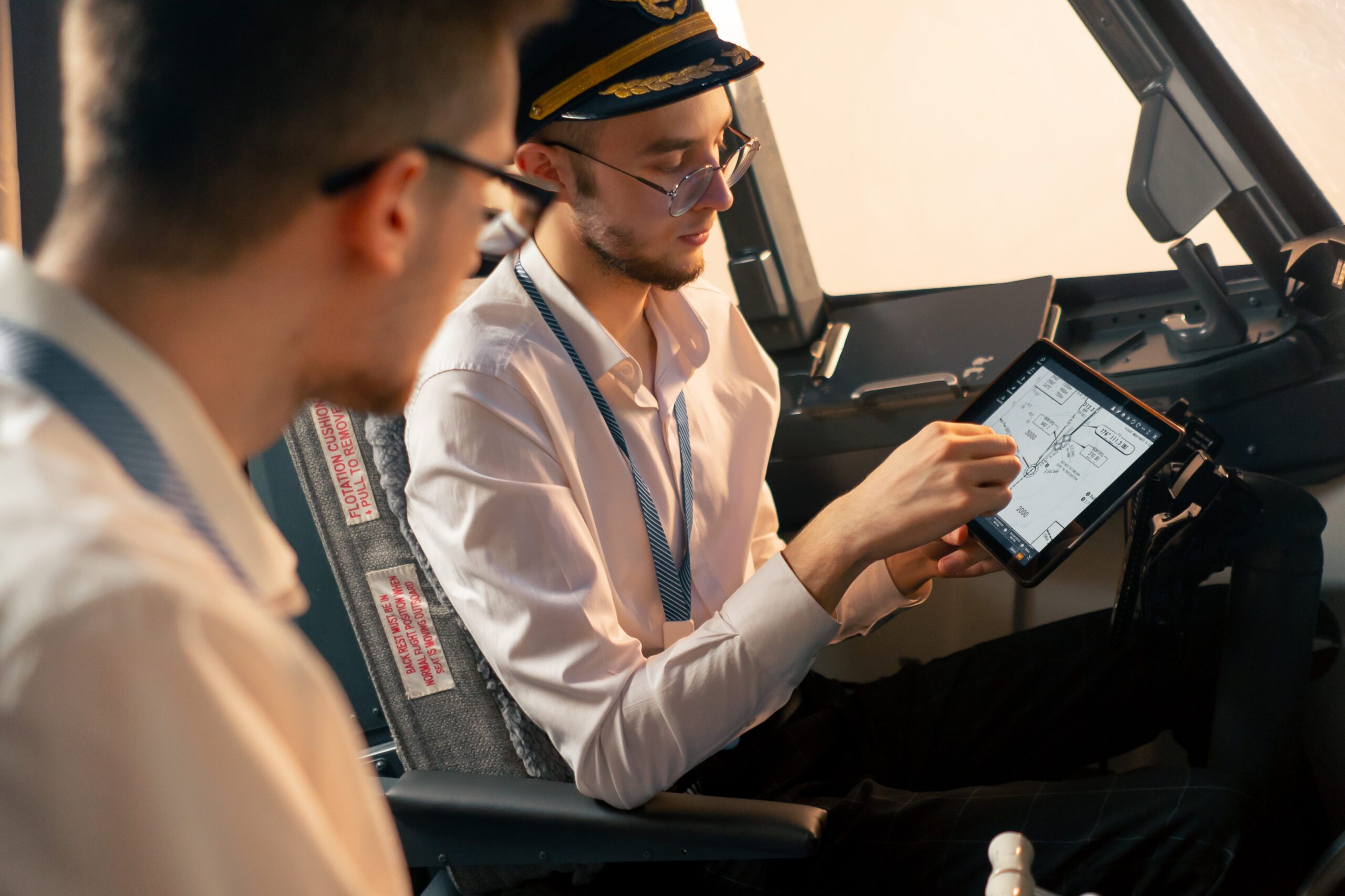 pilots in the cockpit of the plane near the control panel with a tablet in their hands discuss the route before the start of flight simulator